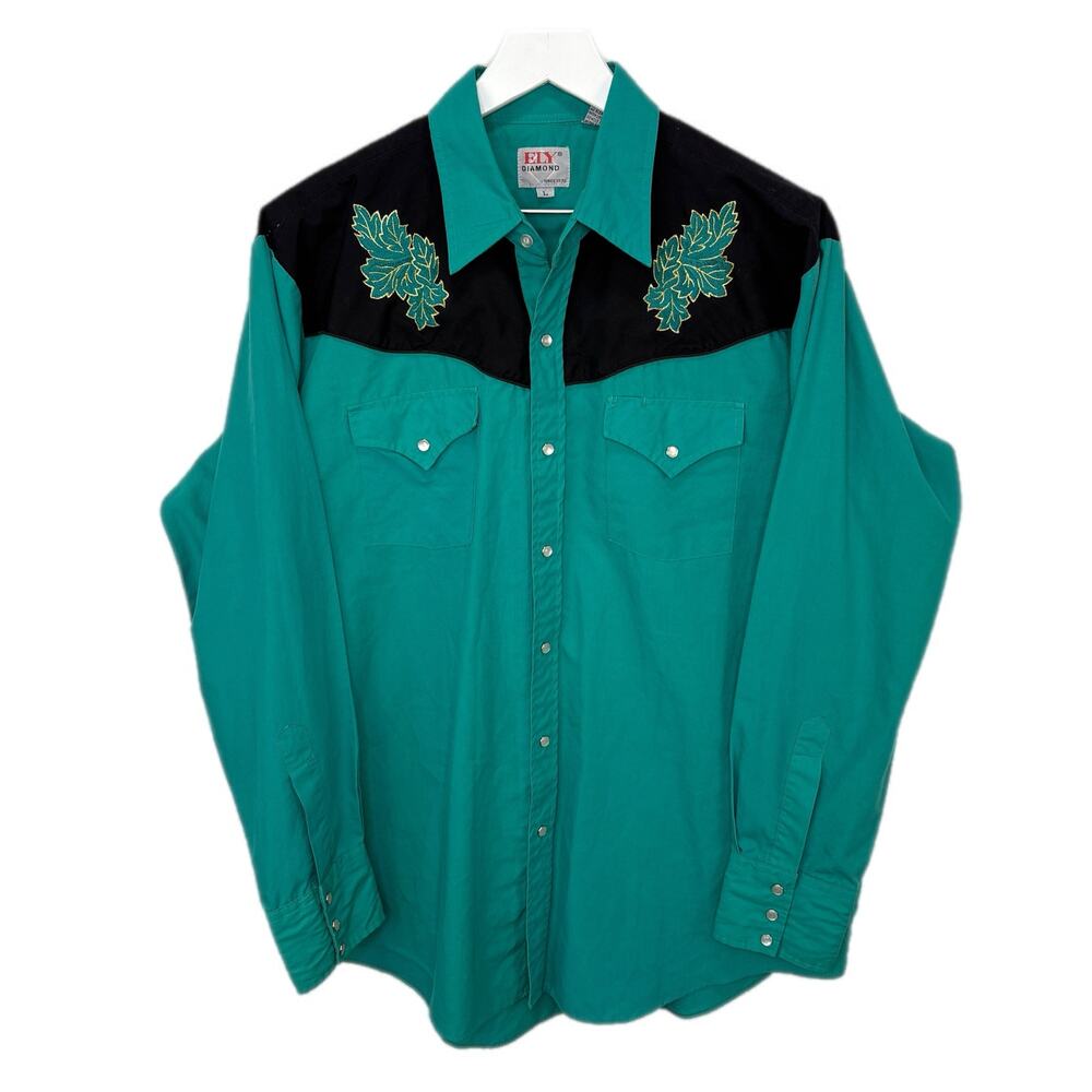 Vintage Ely Diamond Western Shirt Pearl Snap Leaf Applique - Men's Size L